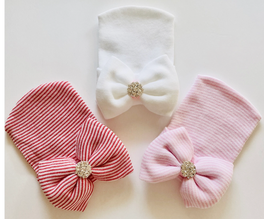 Newborn Bow & Rhinestone Hospital Hat (Assorted Colors)