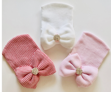 Load image into Gallery viewer, Newborn Bow &amp; Rhinestone Hospital Hat (Assorted Colors)
